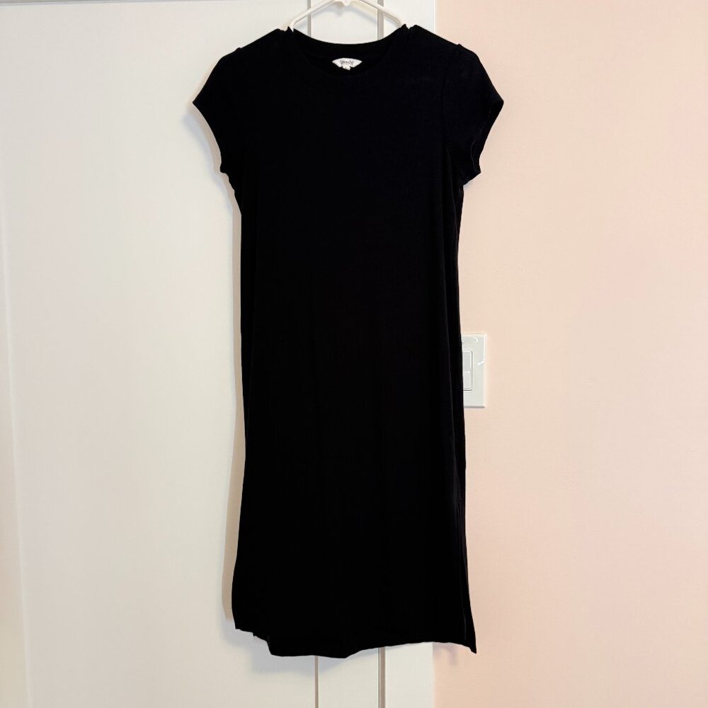 Splendid Dress Black Crew Neck Ribbed Cap Sleeve Midi Side Slits Size S